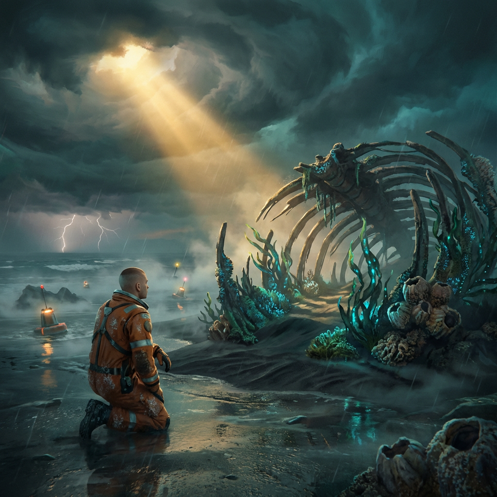Salvage engineer by alien starship wreck on stormy shoreline at dusk