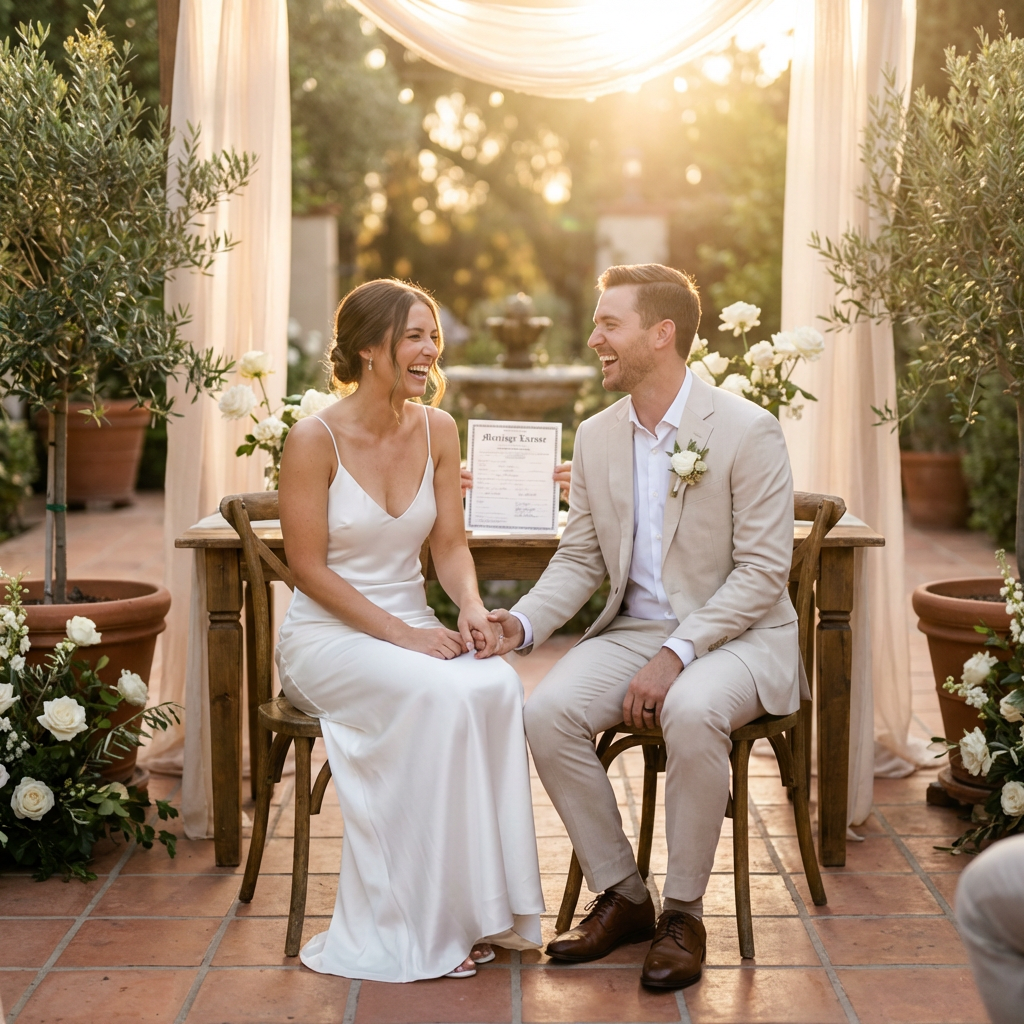 Bride and groom signing marriage license at sunny garden micro-wedding