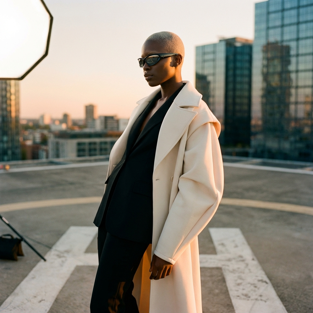 Avant-garde rooftop fashion editorial portrait with dramatic lighting