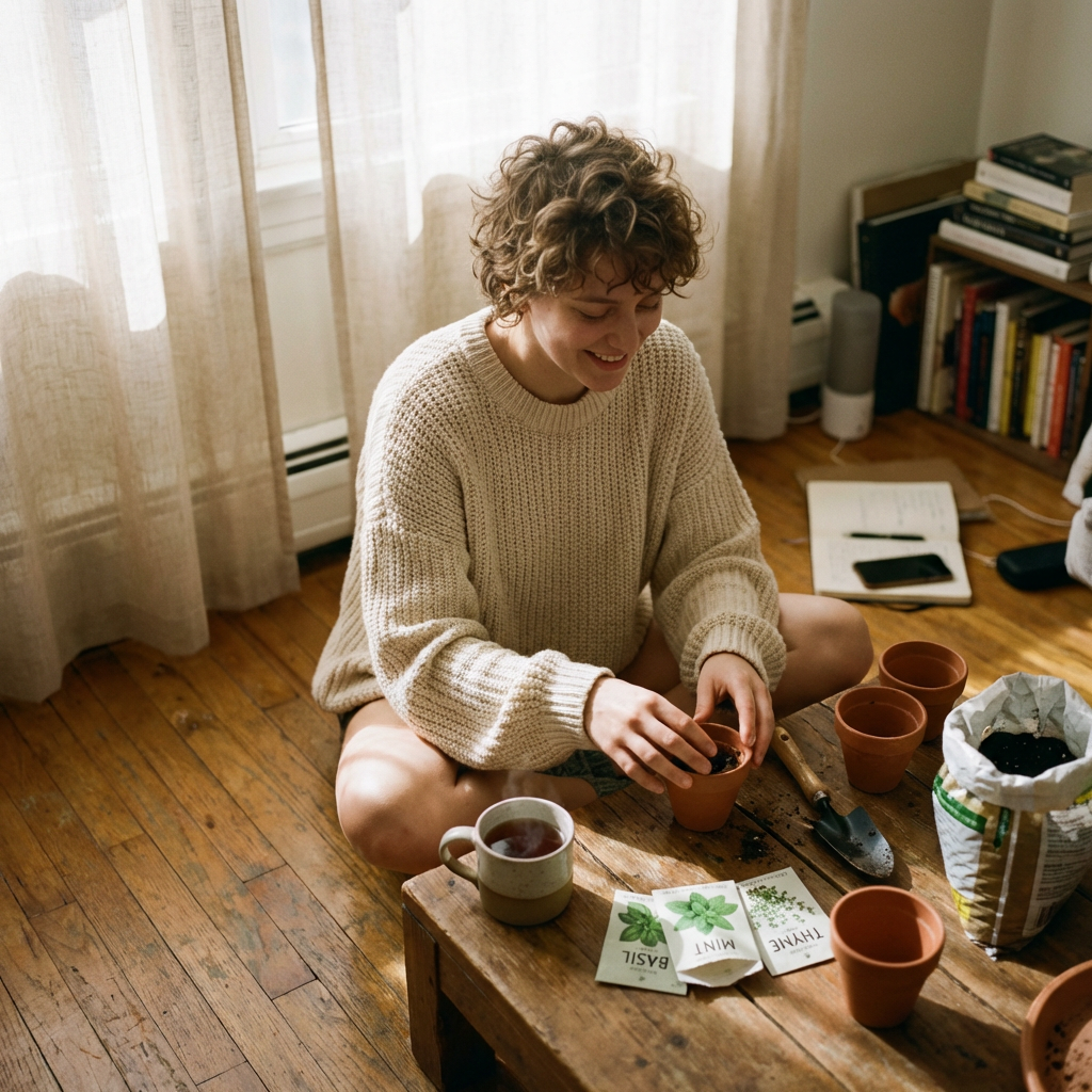Person starting an indoor herb garden on apartment floor in warm light