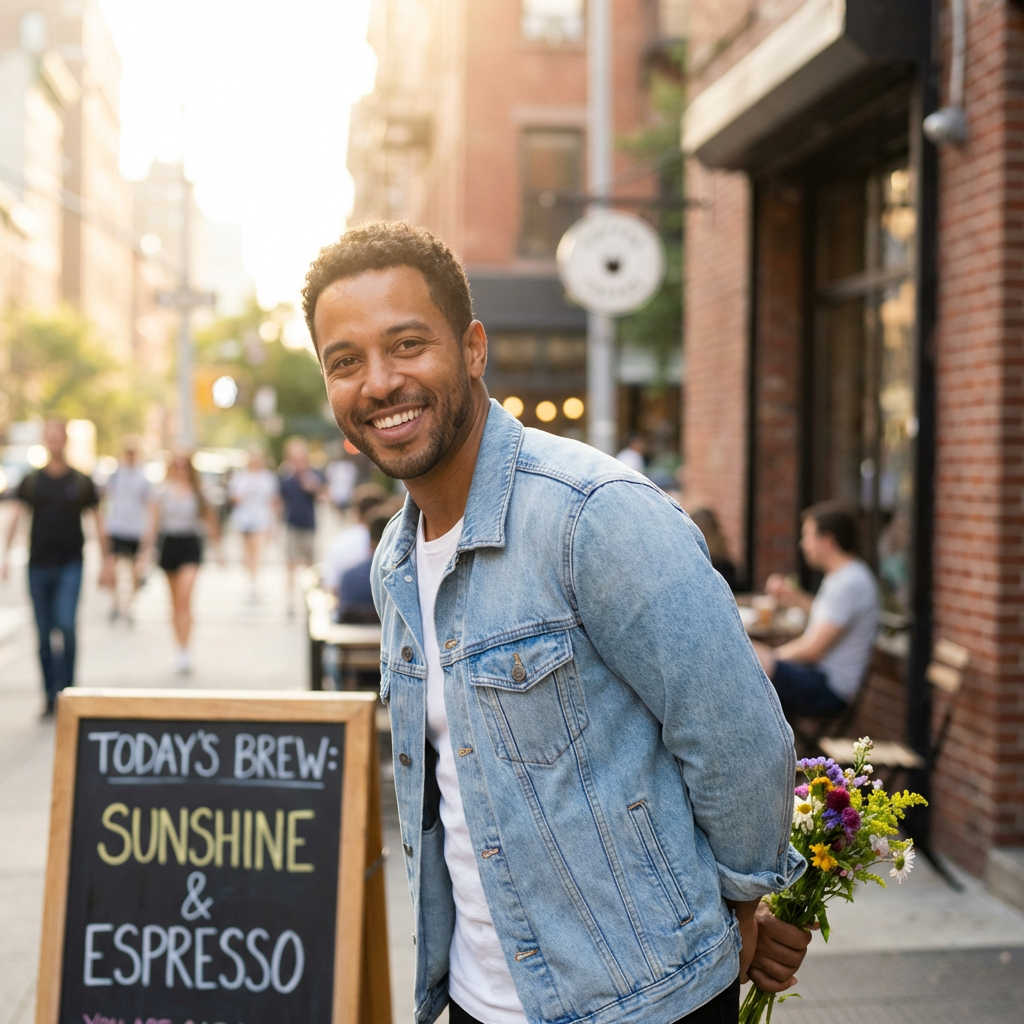 Smiling man outside a coffee shop holding wildflowers behind his back