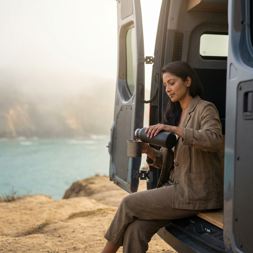 Woman pouring coffee from insulated bottle at coastal van overlook