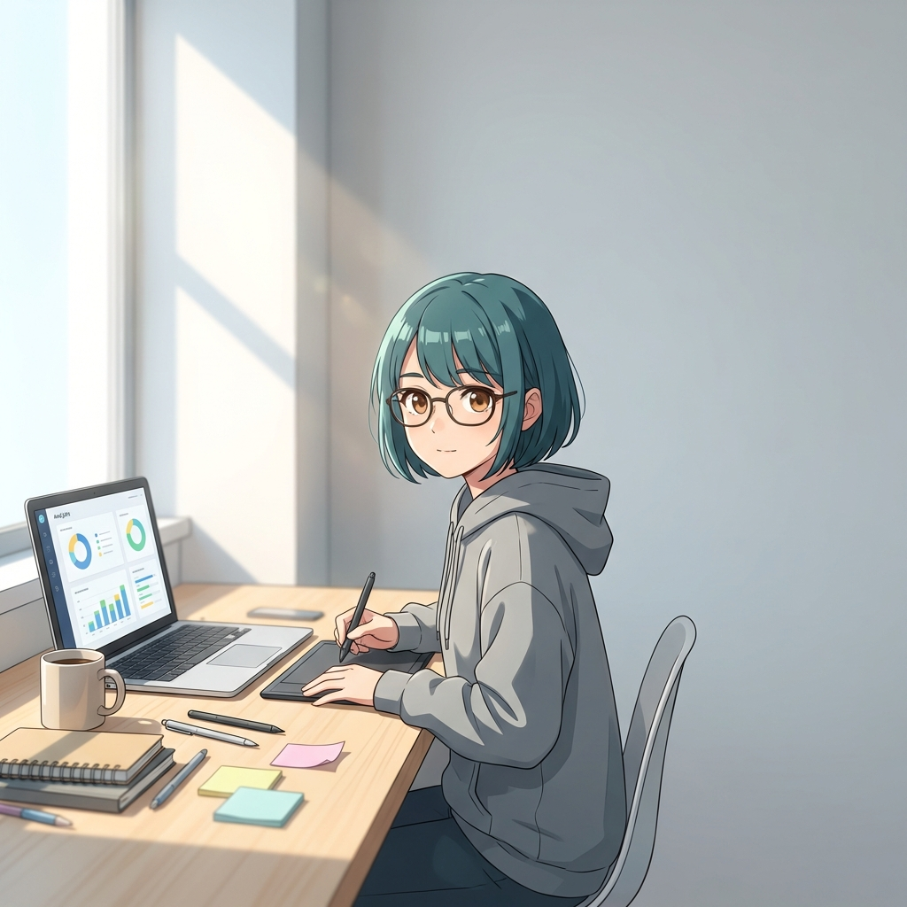 Anime-style teal-haired designer at desk in bright coworking space