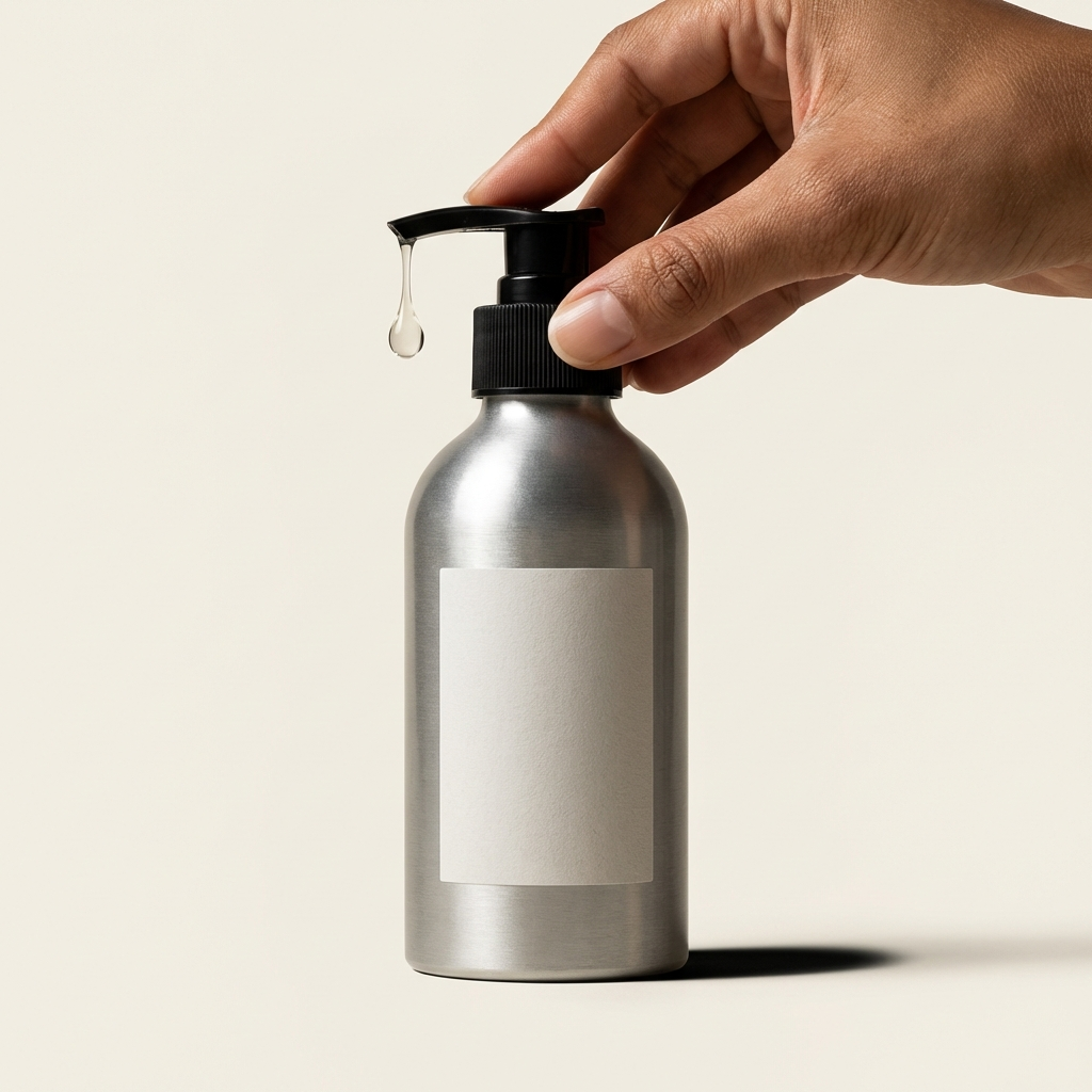 Refillable aluminum soap bottle with black pump on clean background