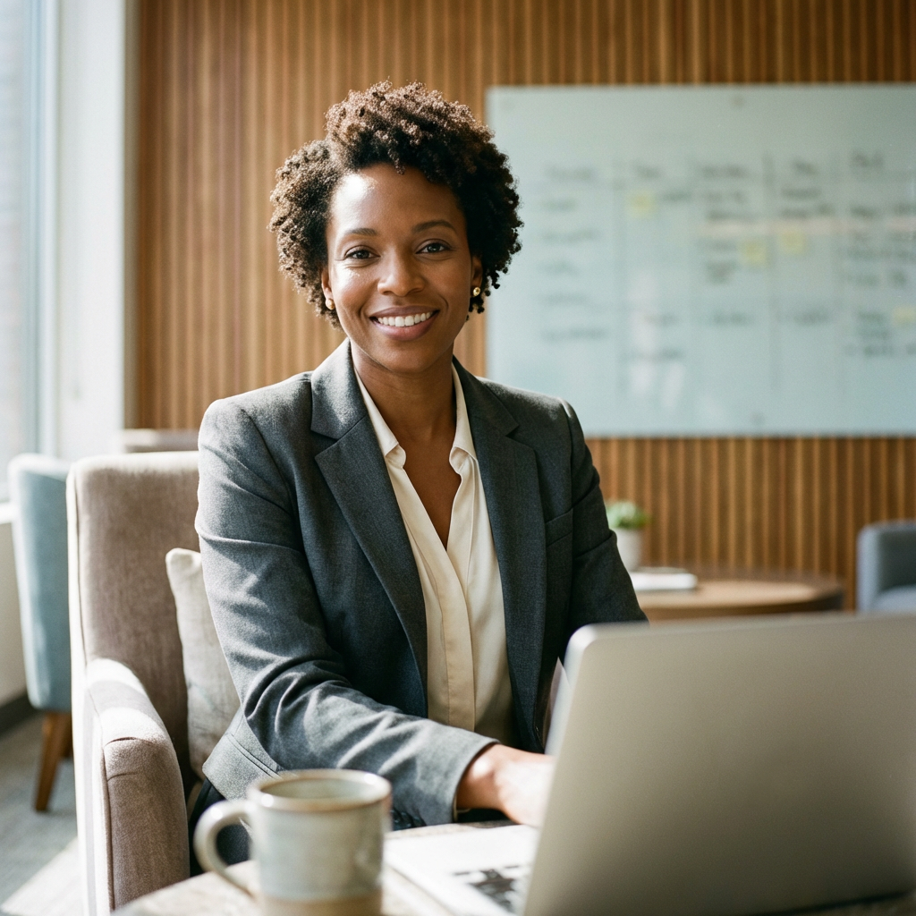 Confident tech executive portrait in modern office lounge