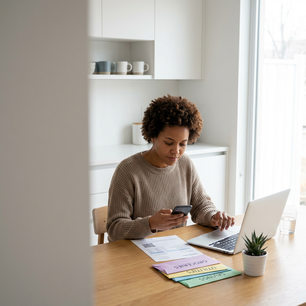 Person budgeting at kitchen table with laptop and utility bills