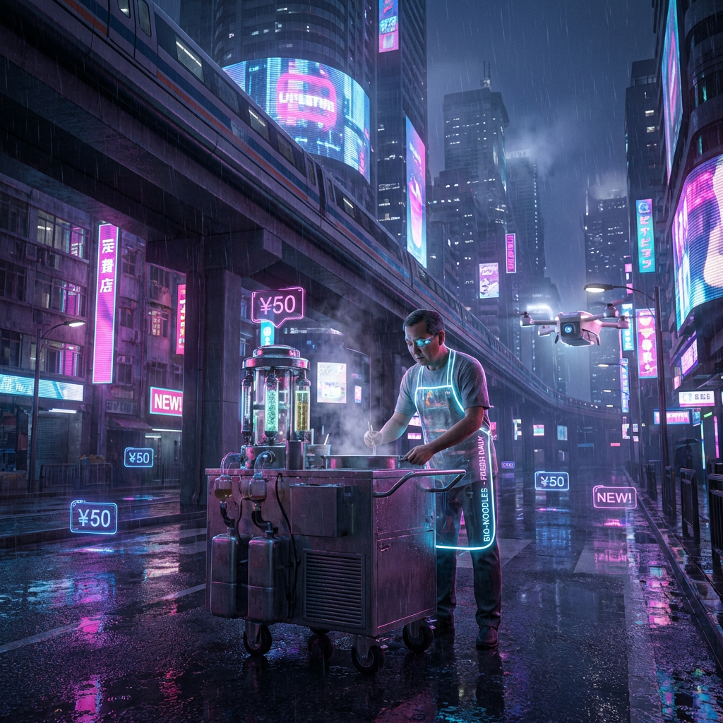 Cyberpunk night market vendor under neon maglev in rainy city