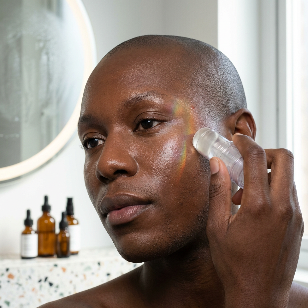 Close-up of gel highlighter application with dewy skin and ring light