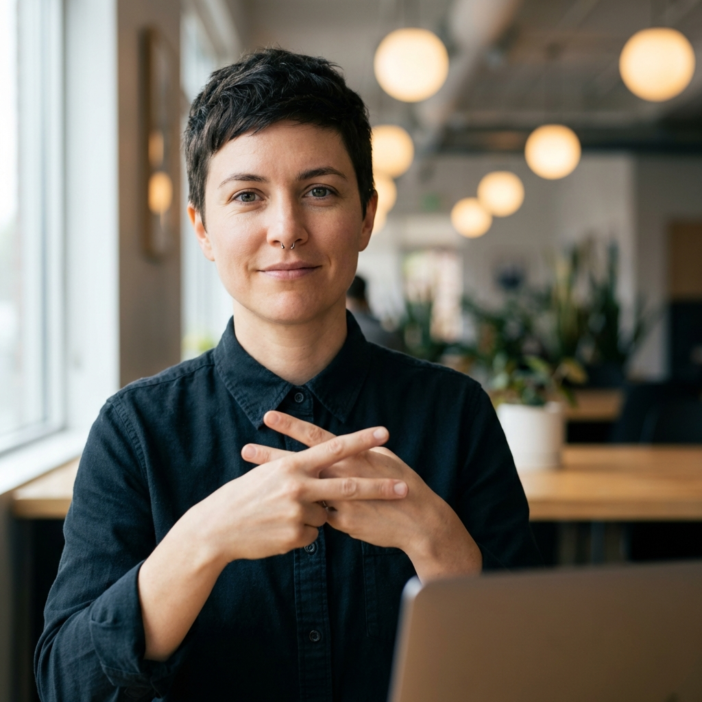 Confident entrepreneur signing in co-working space portrait