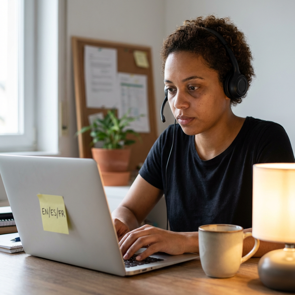Customer support agent working at home with headset in morning light