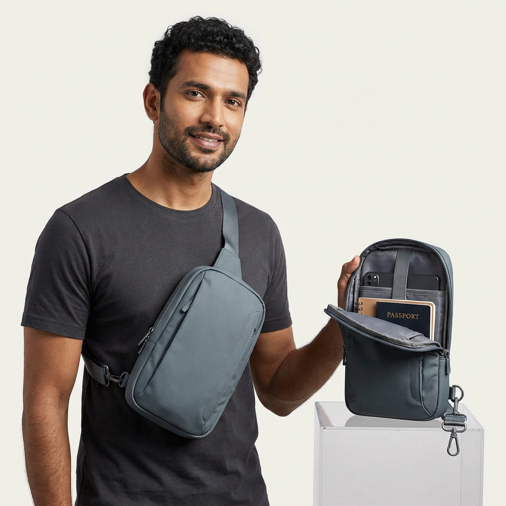 Model showcasing a slate-gray anti-theft sling bag in studio