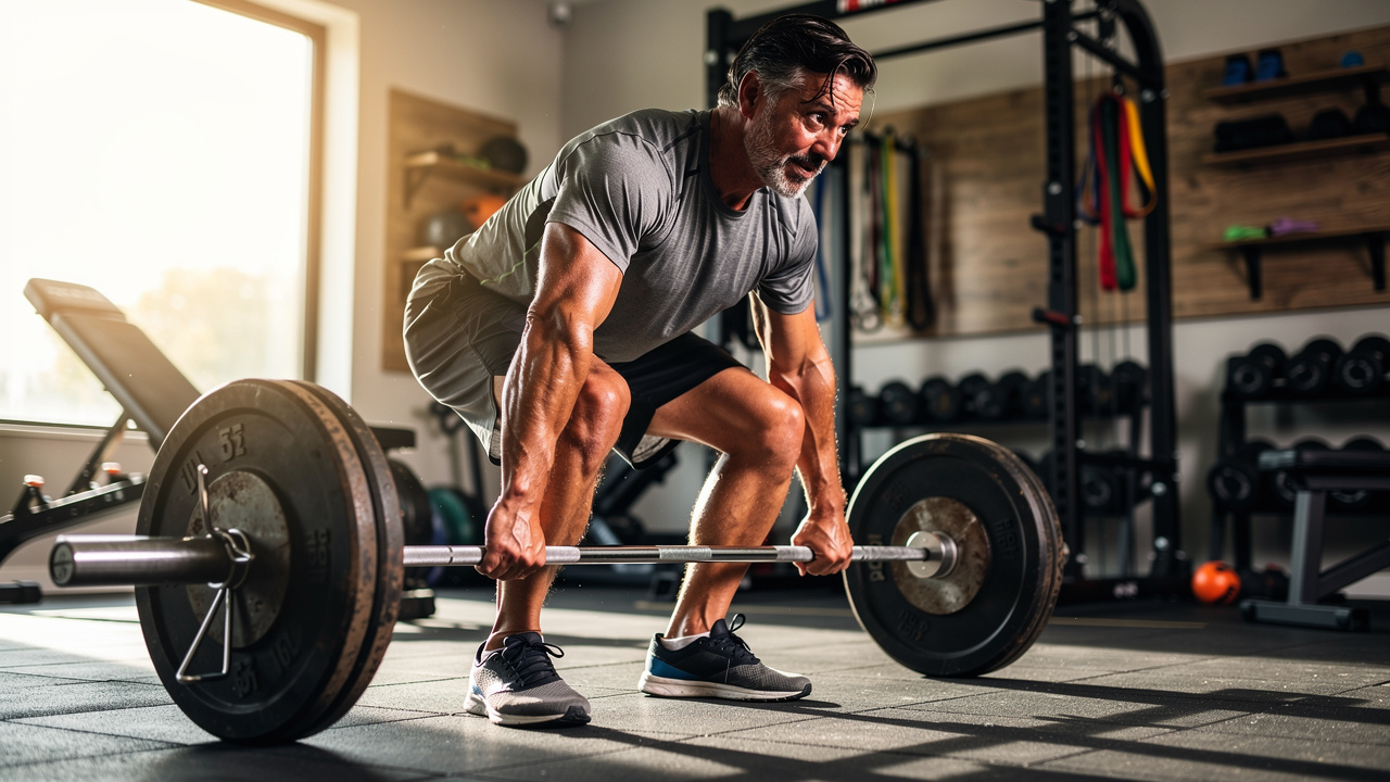 Man performing strength training exercise in home gym