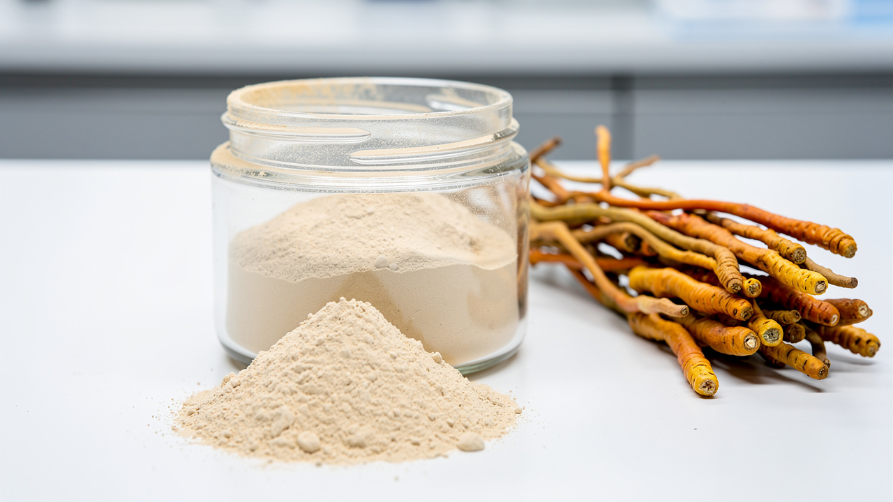 Cordyceps mushroom extract powder with fresh specimens