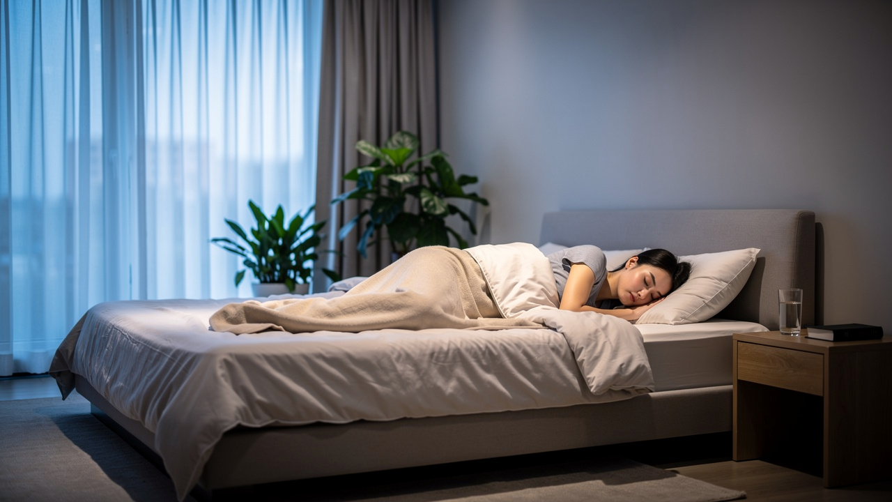 Person sleeping peacefully in modern bedroom during early morning