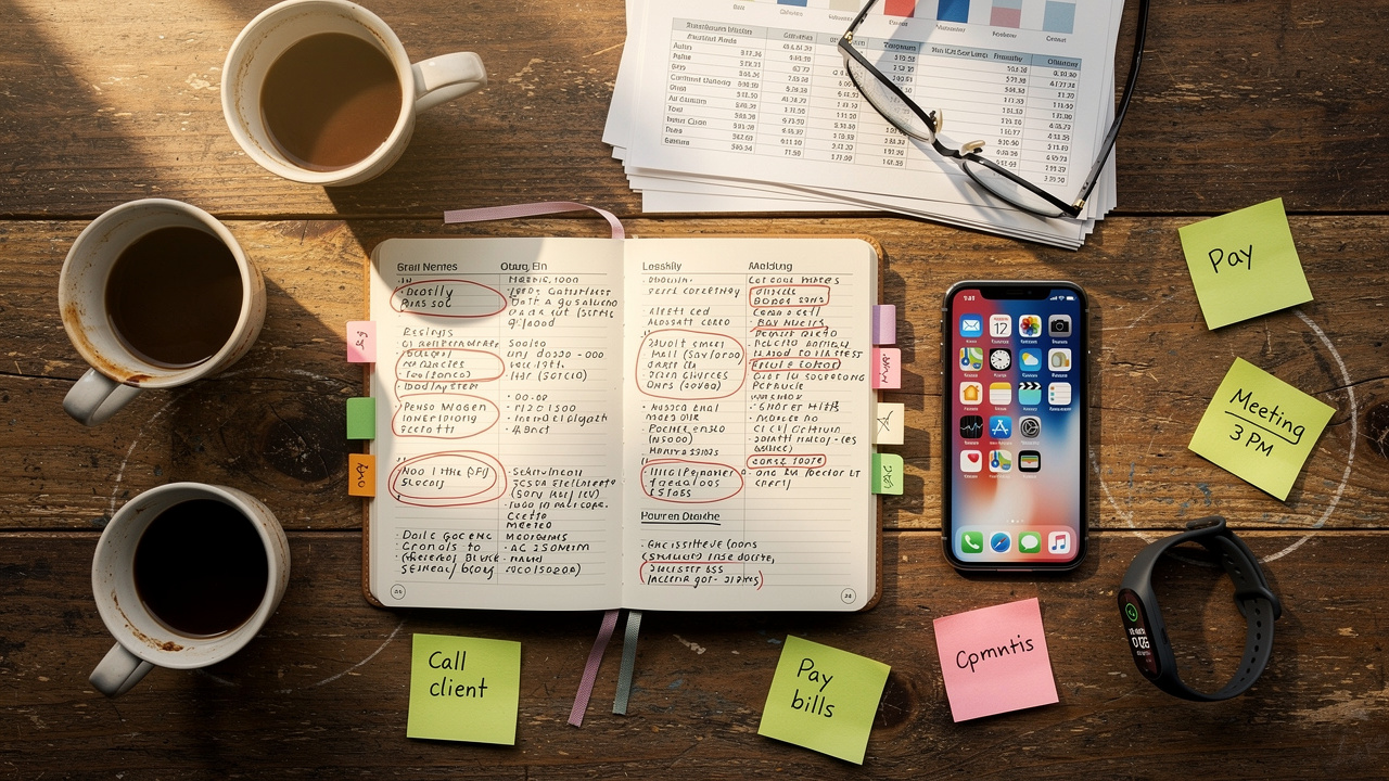 Cluttered workspace showing signs of chronic stress