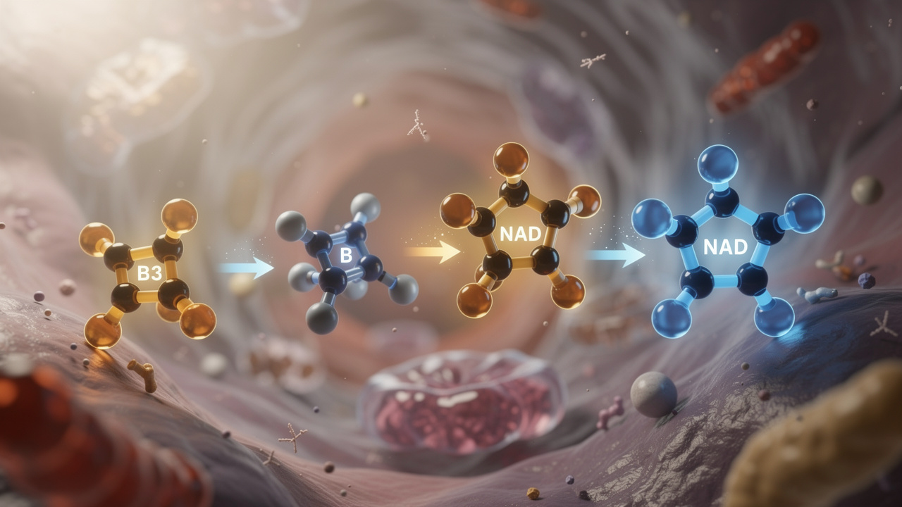 Vitamin B3 converting to NAD through cellular pathways