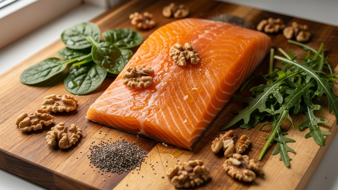 Omega-3 rich foods including salmon and nuts