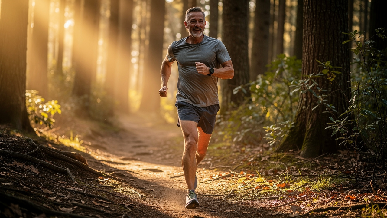 Middle-aged man jogging with vitality and energy