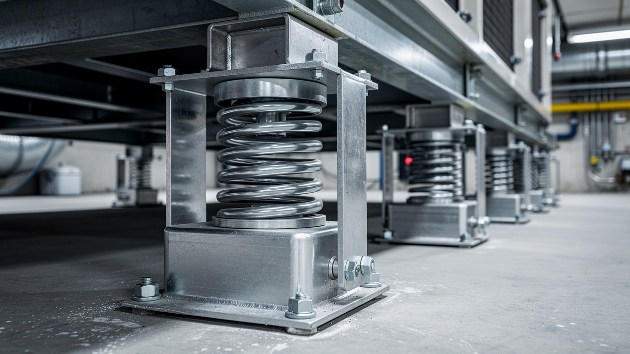 Spring vibration isolators under chiller unit