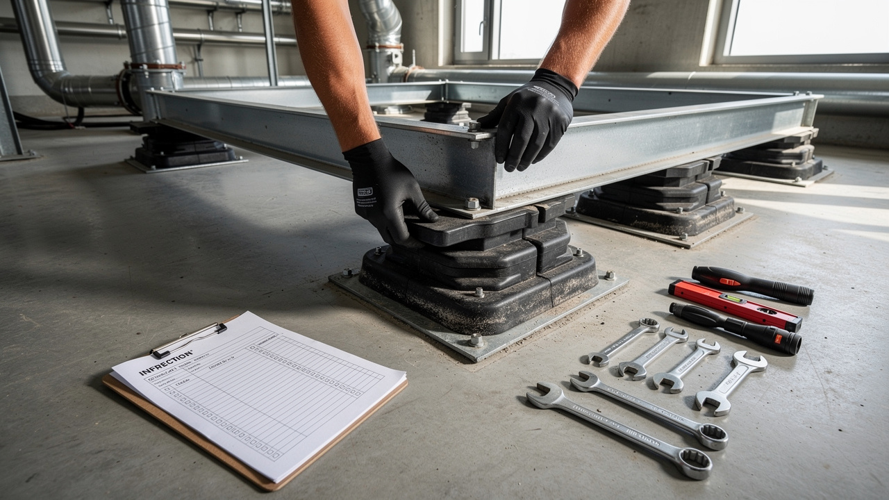 Technician inspecting vibration isolators during maintenance