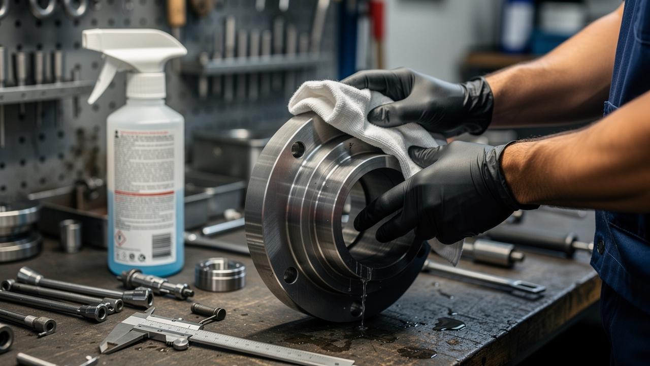 Technician cleaning metal surface before bonding