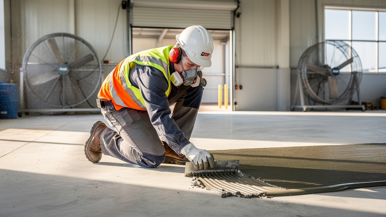 Worker following safety protocols during adhesive application