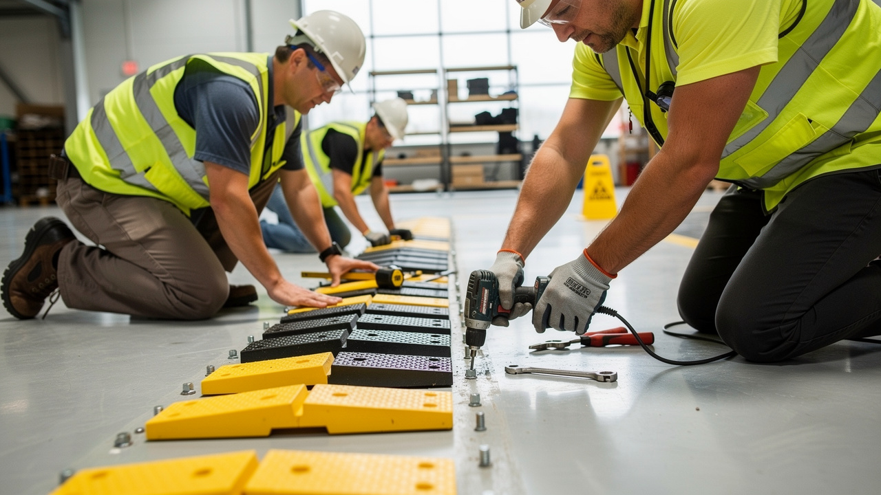Workers installing modular rubber speed bump sections