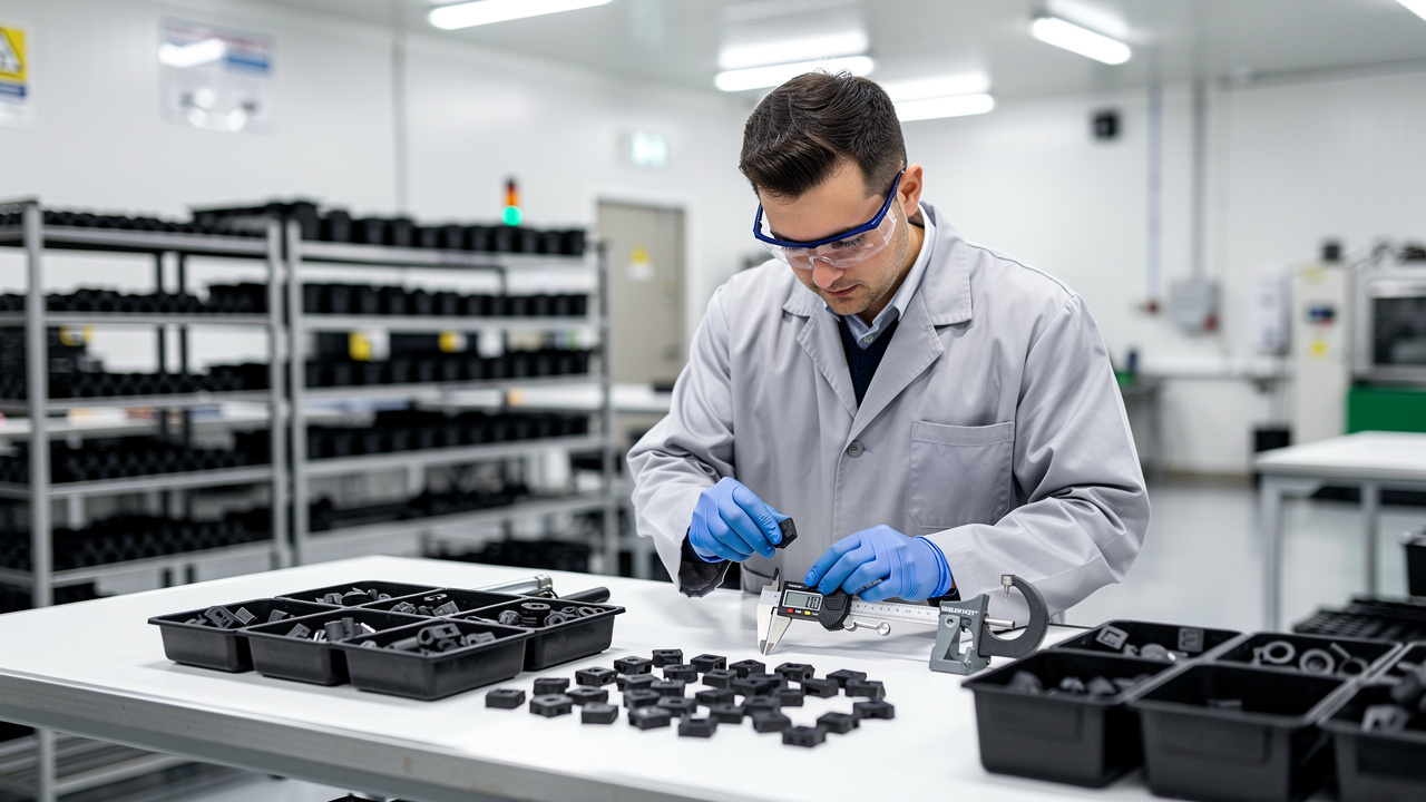 Quality control inspector examining rubber components in factory