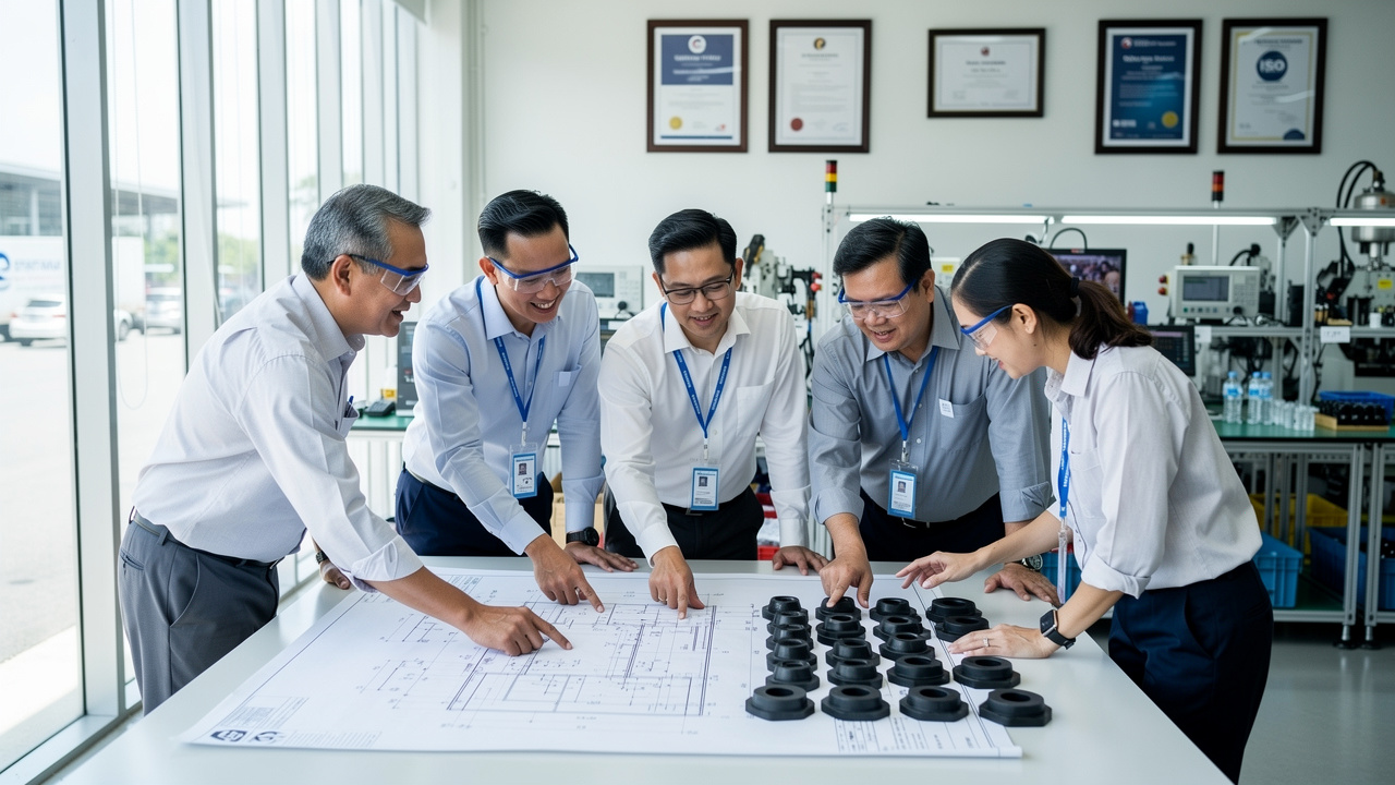 Engineering team collaborating on custom rubber component design