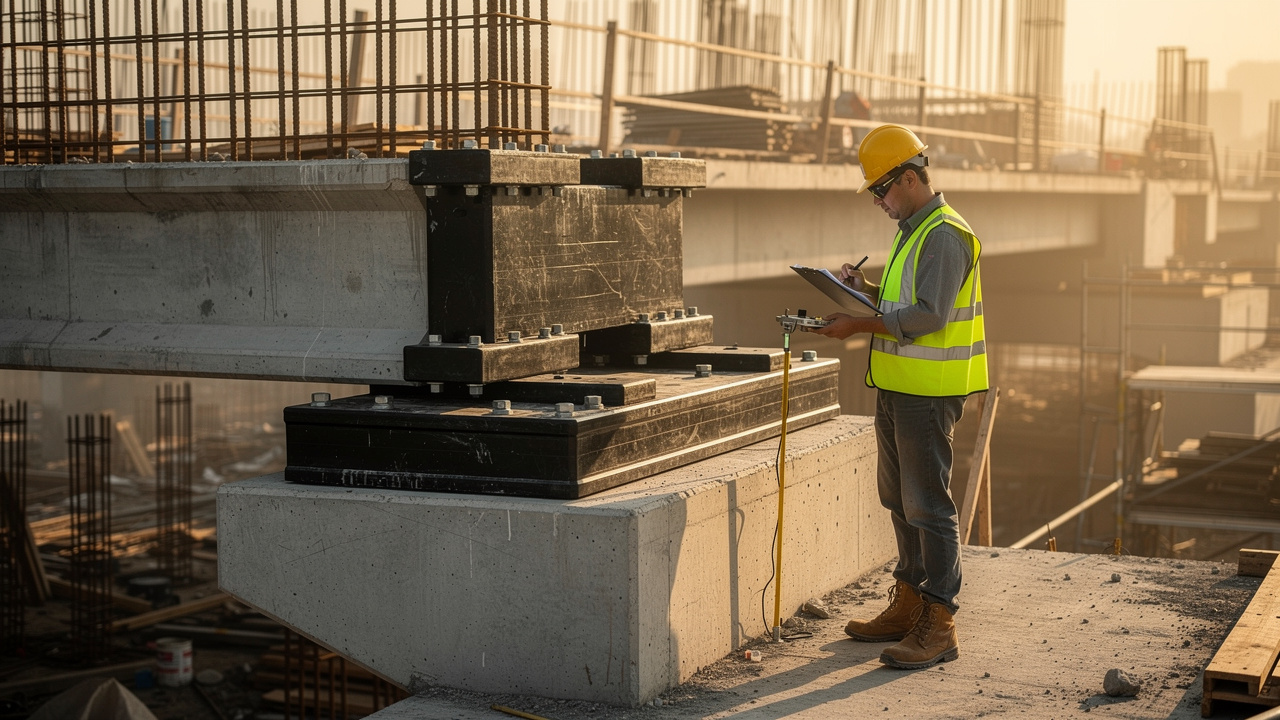 Quality inspection of bridge bearing pads at construction site