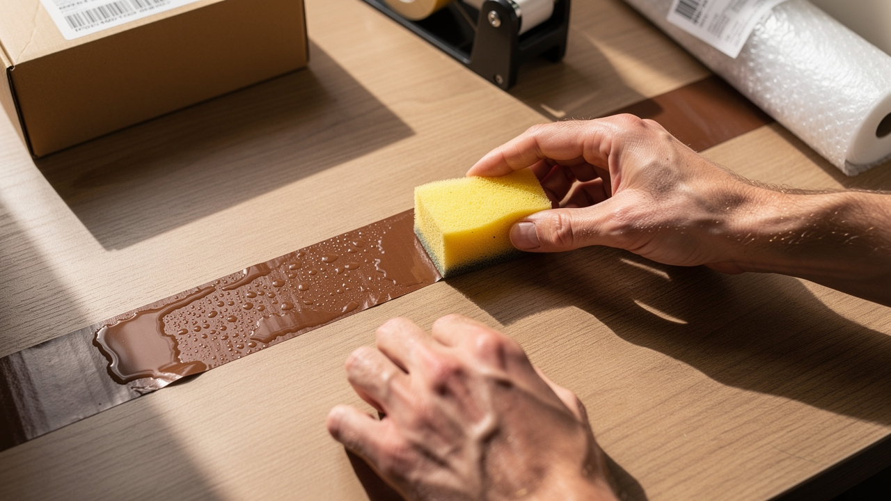 Hand wetting gummed tape with damp sponge