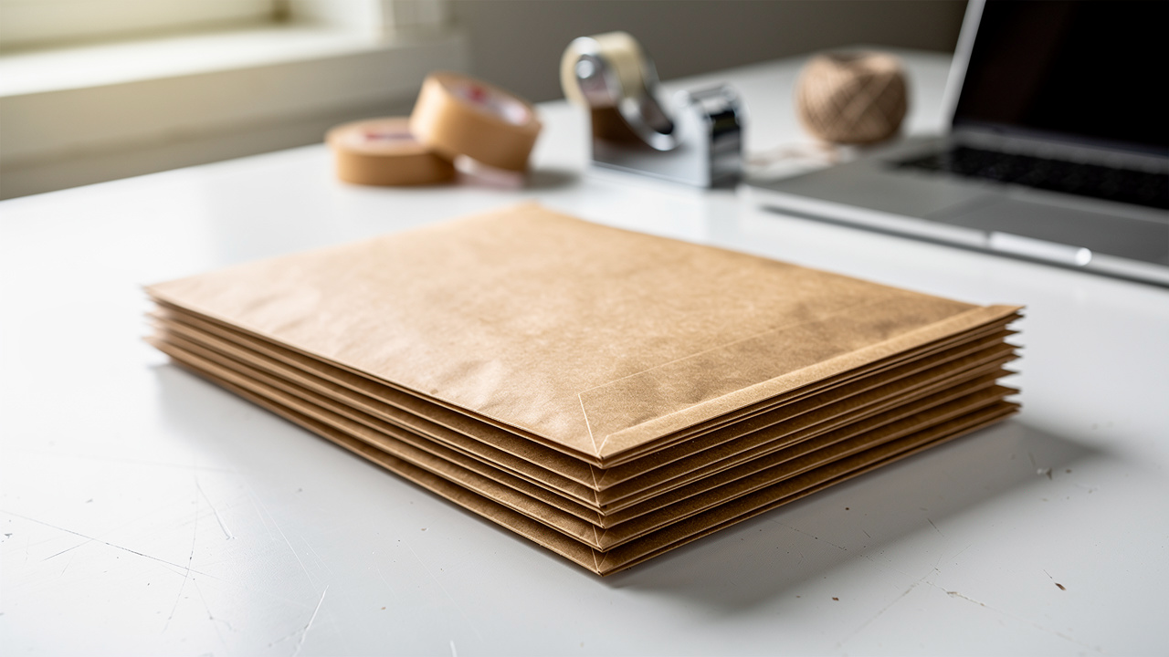 Stack of recycled kraft paper mailers on packing table