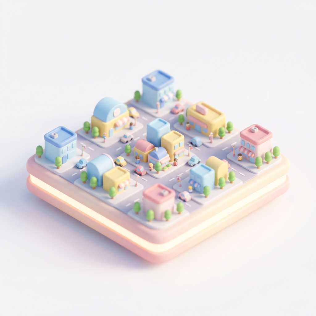 AI-generated 3D isometric miniature city block with buildings, cars and trees, soft pastel lighting on a floating platform