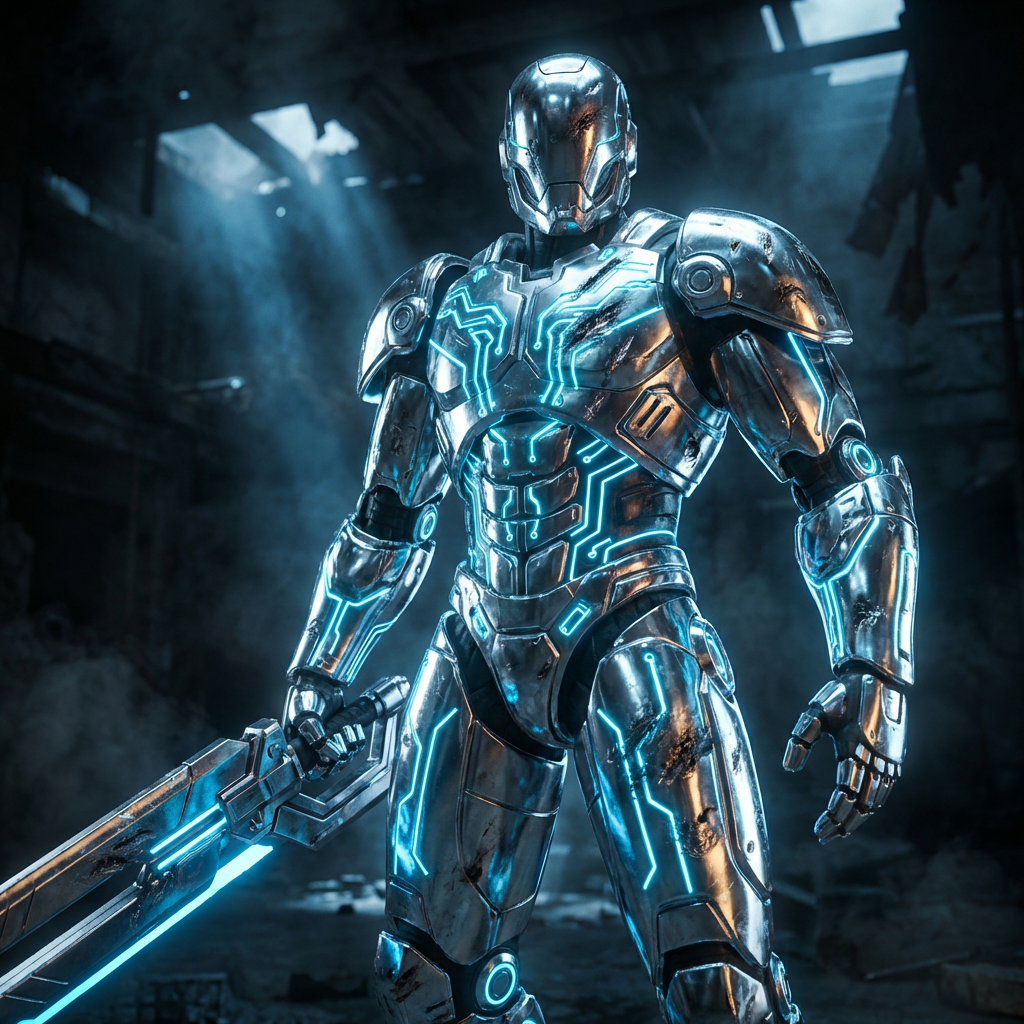 3D rendered futuristic robot warrior character with glowing neon blue circuits and chrome metallic body, cinematic lighting