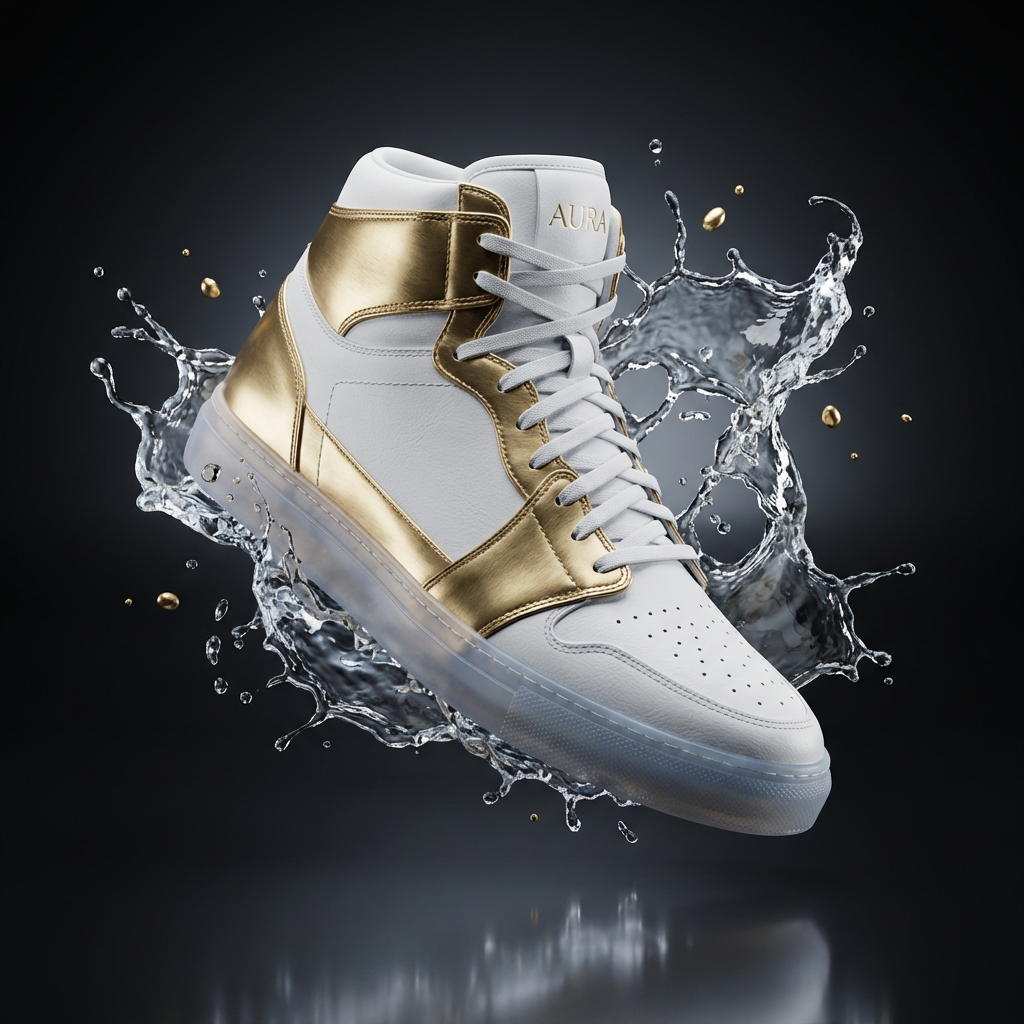 3D product visualization of a luxury sneaker floating mid-air with dynamic splash effects and studio lighting