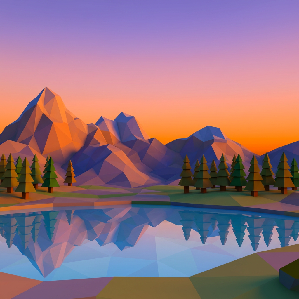 Low-poly 3D landscape with geometric mountains, crystal lake and stylized pine trees against a sunset gradient sky