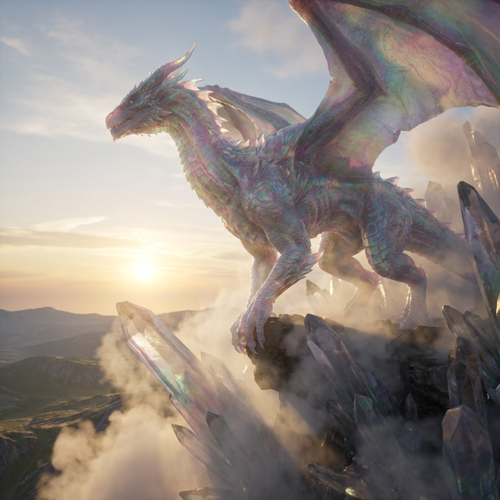 3D rendered fantasy dragon with iridescent scales perched on a crystal cliff with volumetric fog and cinematic lighting