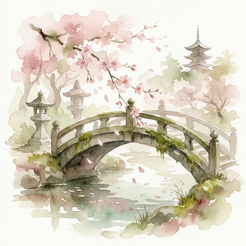 Watercolor painting of a serene Japanese garden with cherry blossoms falling over a stone bridge, soft pink and green washes