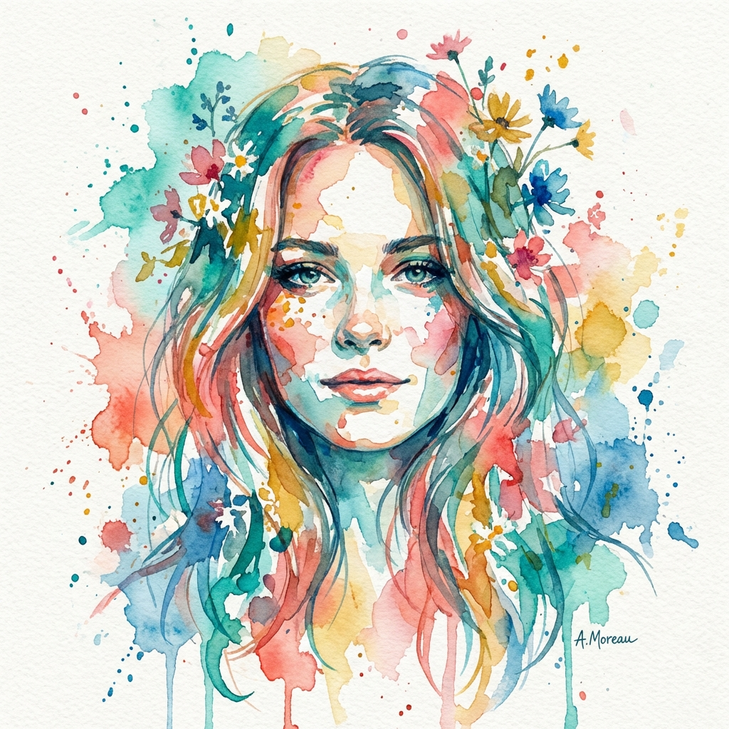 Watercolor portrait of a woman with flowers in her hair, loose flowing brush strokes with vibrant pigments bleeding into each other
