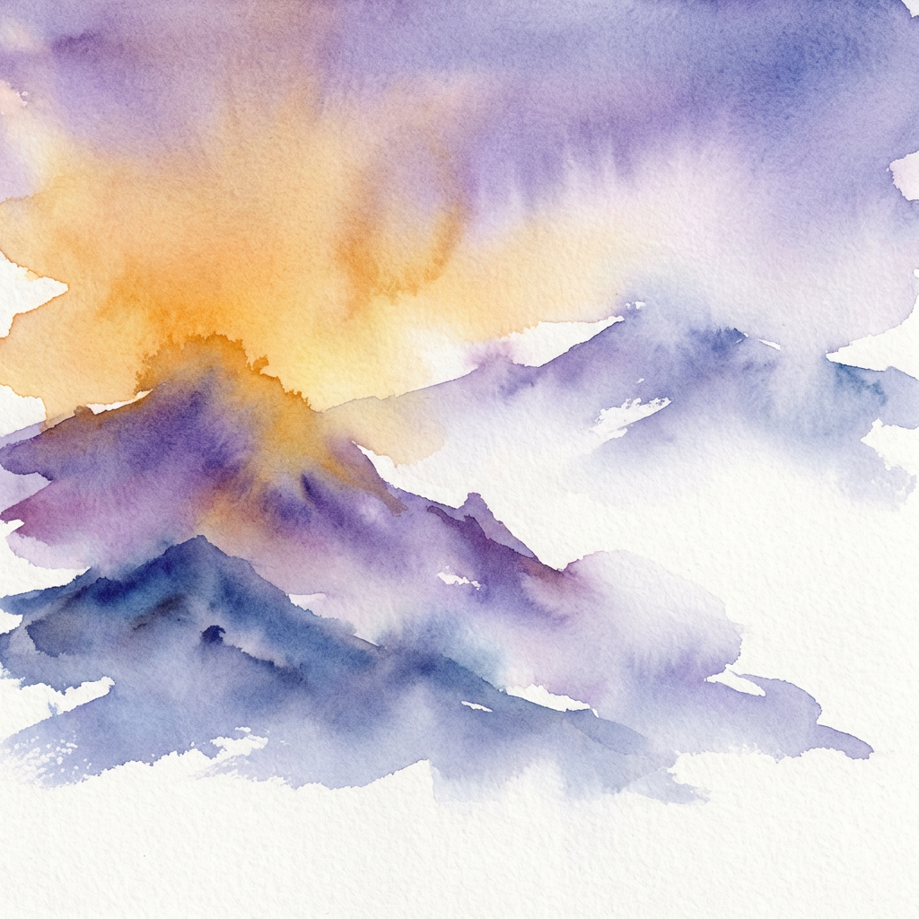 Watercolor landscape of a misty mountain range at sunrise with gradient washes from warm golden orange to cool purple and blue