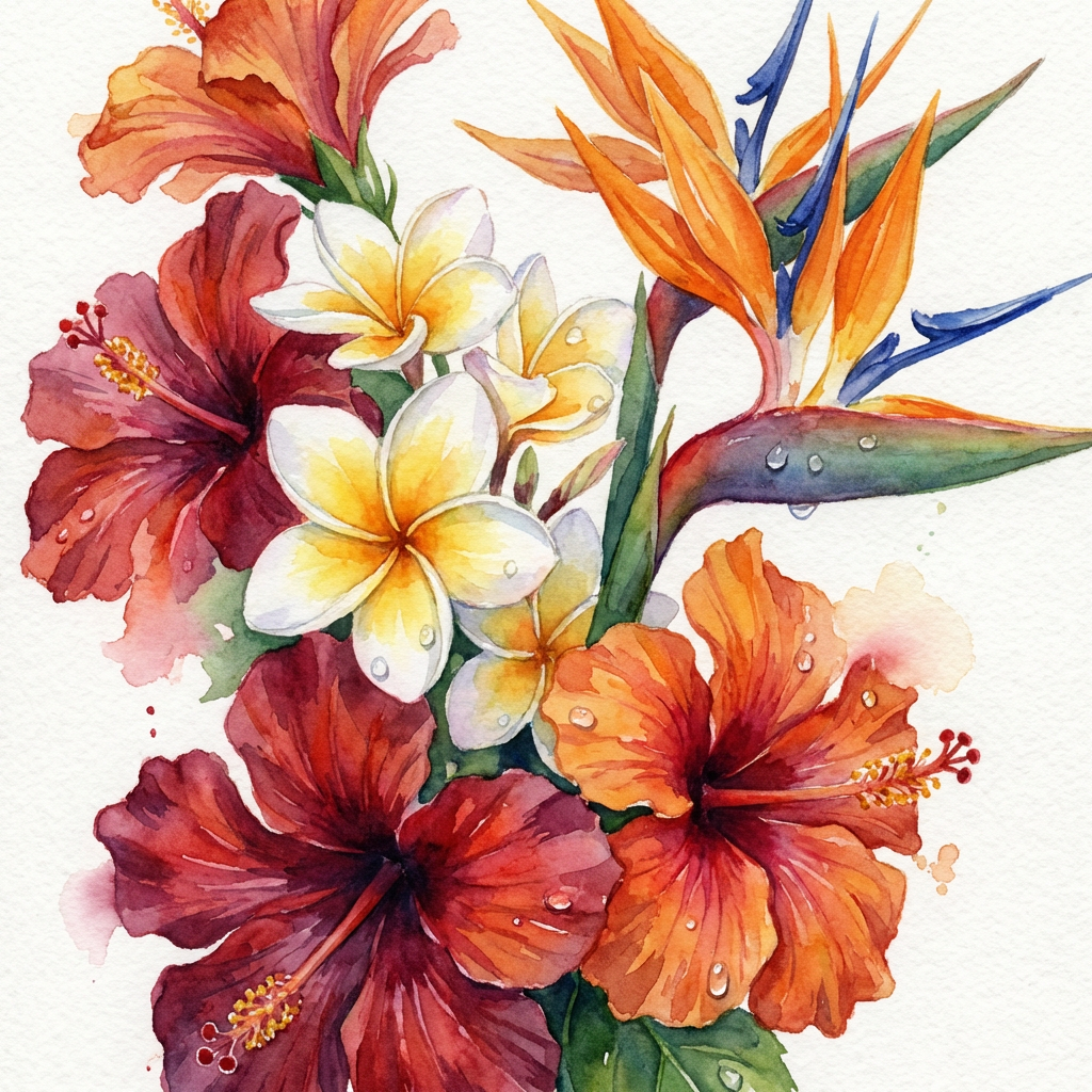 Watercolor still life of tropical flowers — hibiscus, plumeria, bird of paradise — with rich saturated pigments and botanical art style