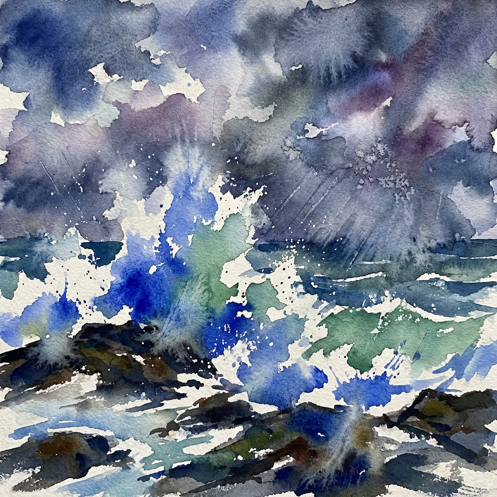 Watercolor seascape with crashing ocean waves on a rocky coastline, dynamic splashes of ultramarine blue and sea green