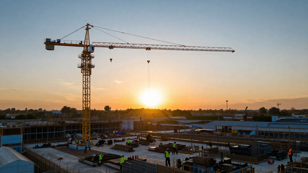 Aerial view of a thriving construction site at sunset, cranes silhouetted against a golden sky