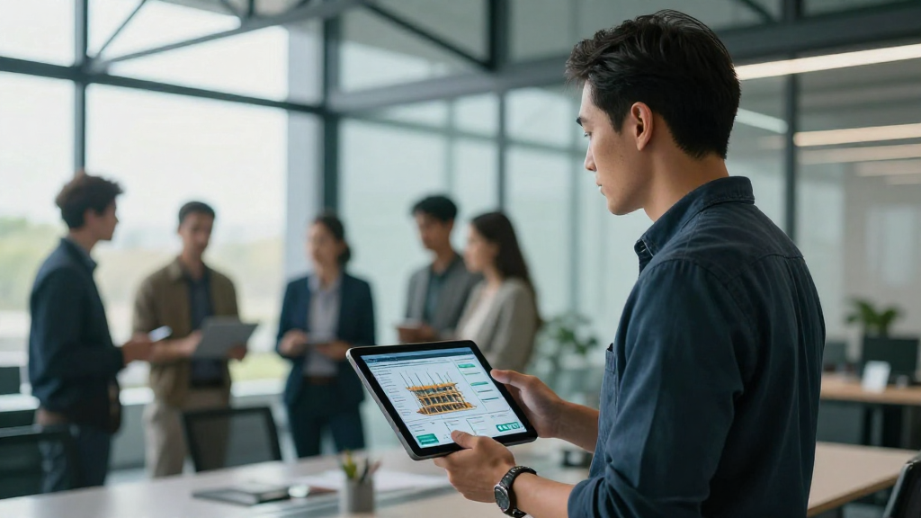 Project manager reviewing a real‑time construction dashboard on a tablet, workers in the background