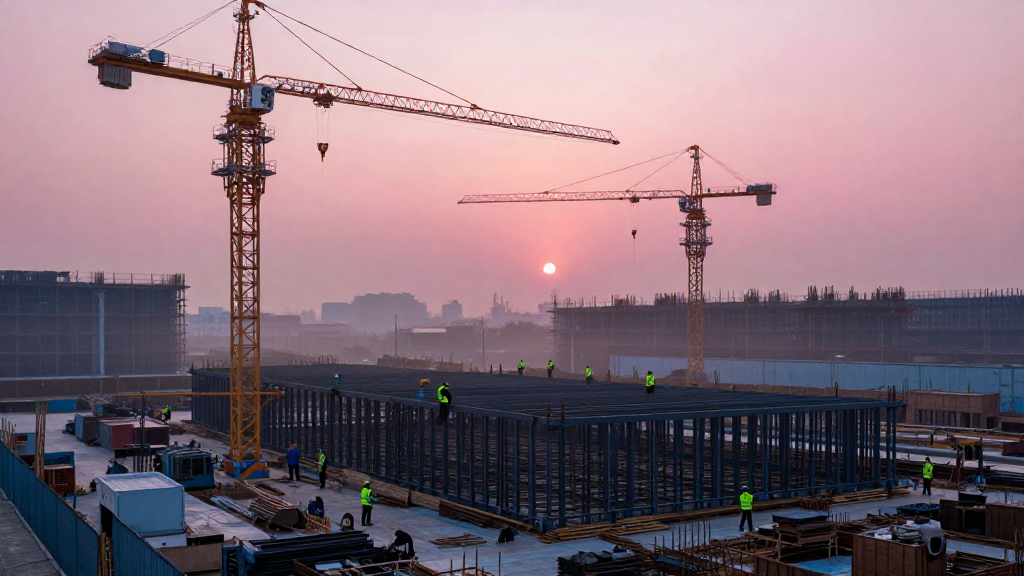 Bustling construction site at dawn, cranes silhouetted against a pink sky, workers in bright vests assembling a steel frame