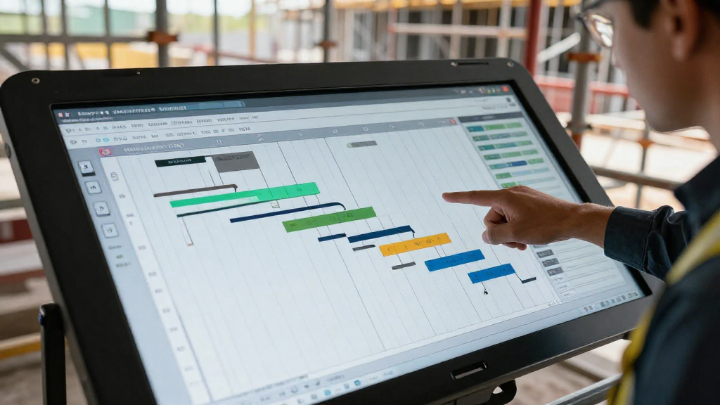 Digital planning board showing a Gantt chart with overlapping tasks, foreman pointing at critical path blocks