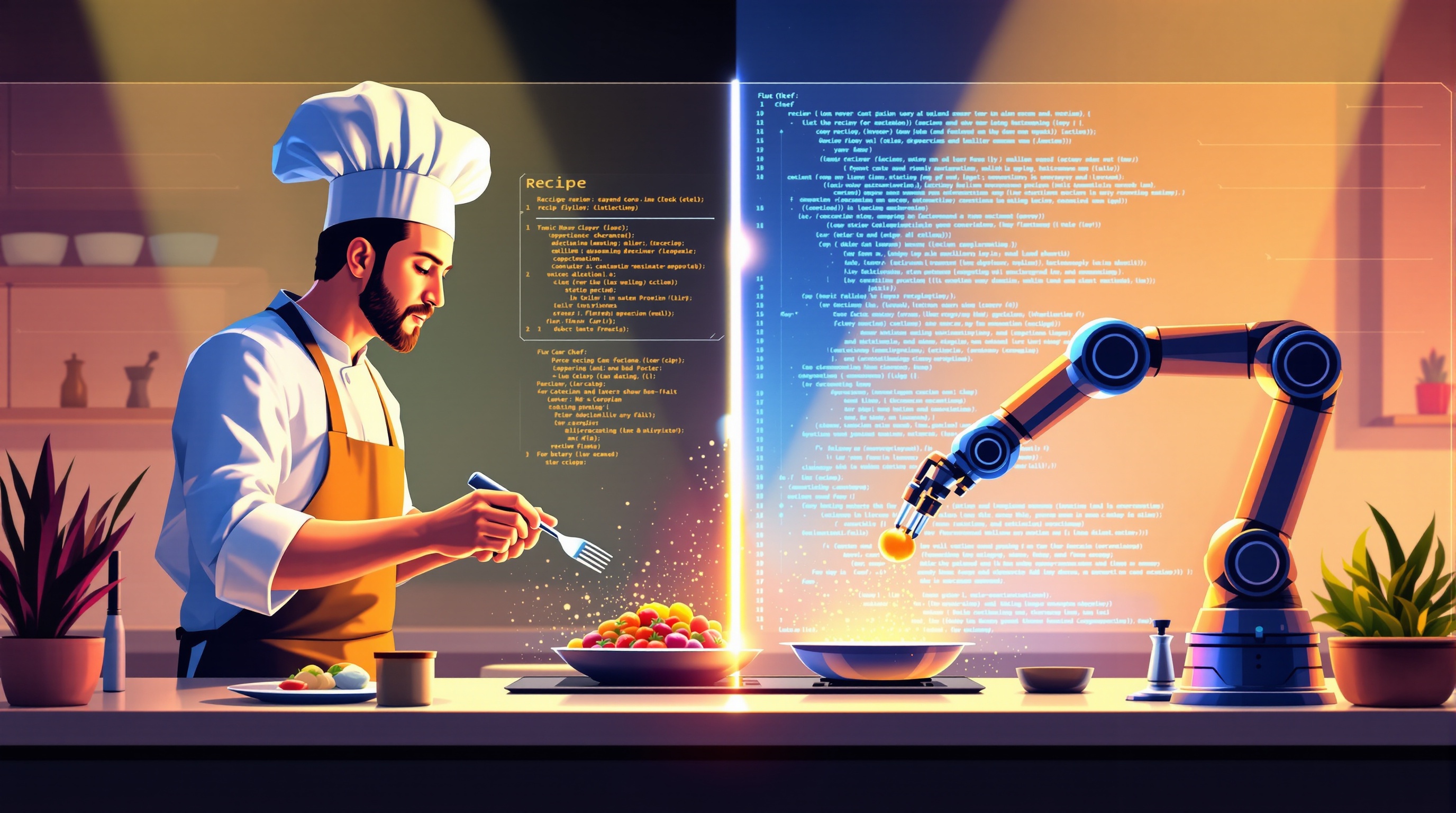 Illustration showing a conceptual split-screen of a human chef adjusting seasoning and computer code forming an algorithm, symbolizing the recipe vs. chef analogy of AI.