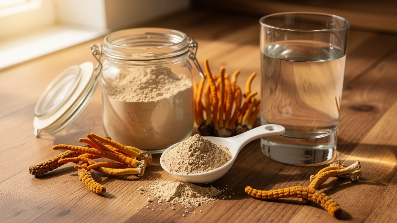 Cordyceps supplement powder and whole mushrooms for daily use