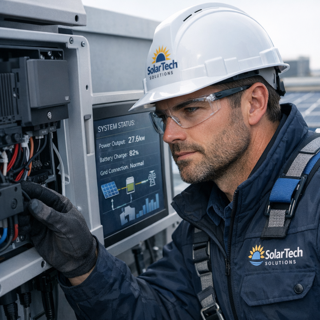 Mid-article photorealistic close-up of a solar technician inspecting an inverter and monitoring screen on a rooftop, weari...