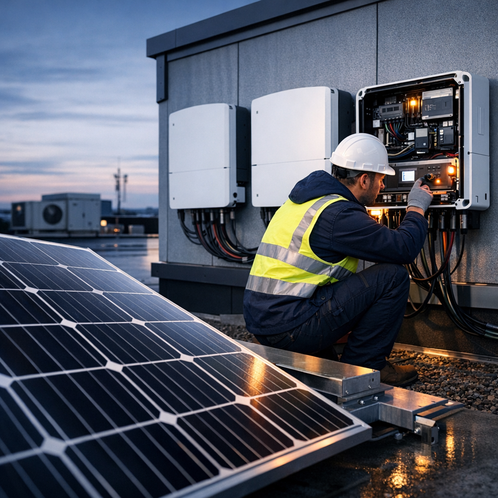 Photorealistic mid-content image of a commercial building rooftop with close-up of high-efficiency solar panels and a tech...